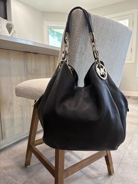MICHAEL Michael Kors Fulton Black Pebbled Leather Hobo Shoulder Bag Gold Chain